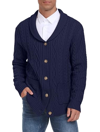 Hisir Strickjacke Herren Pullover Cardigan Schalkragen Kabel Gestrickt V-Ausschnitt Strickjacken Herren Langarm Winter Casual Knöpfe mit Taschen (Marineblau, M) von Hisir