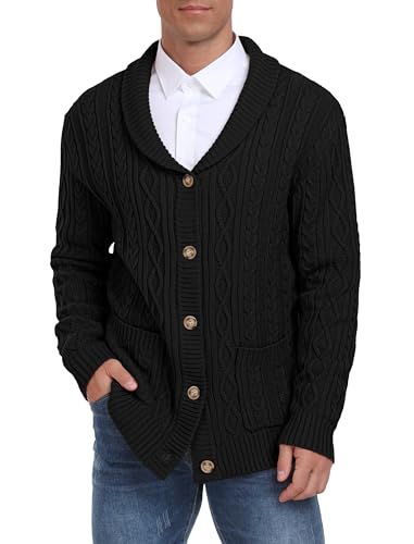 Hisir Strickjacke Herren Pullover Cardigan Schalkragen Kabel Gestrickt V-Ausschnitt Strickjacken Herren Langarm Winter Casual Knöpfe mit Taschen (Schwarz, M) von Hisir