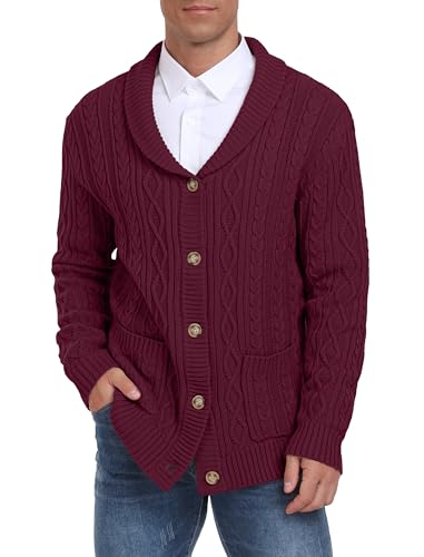 Hisir Strickjacke Herren Pullover Cardigan Schalkragen Kabel Gestrickt V-Ausschnitt Strickjacken Herren Langarm Winter Casual Knöpfe mit Taschen (Weinrot, M) von Hisir
