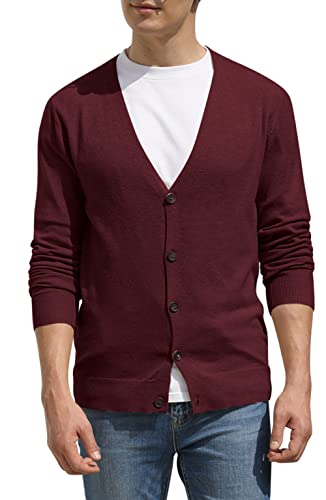 Hisir Strickjacke Herren Pullover V Ausschnitt Cardigan Winterjacke Klassischer Winter Warme Weiche Strickjacken mit Knöpfe und Taschen für Männer (Weinrot, L) von Hisir