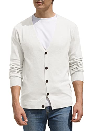Hisir Strickjacke Herren Pullover V Ausschnitt Leichte Cardigan Elegant Winterjacke Klassischer Warme Weiche Strickjacken mit Knöpfe für Männer (Weiß, L) von Hisir