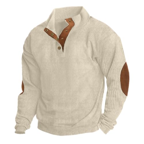 Hisir Sweatshirt Herren Cord Poloshirt Stehkragen Langarm V-Ausschnitt Funktionsshirt Sweatshirt ohne Kapuze mit Druckknöpfe Winterpullover Streetwear Herbst Winter (Beige,L) von Hisir