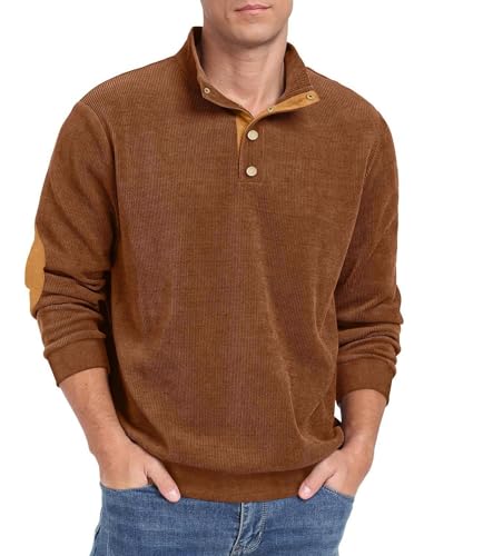 Hisir Sweatshirt Herren Cord Poloshirt Stehkragen Langarm V-Ausschnitt Funktionsshirt Sweatshirt ohne Kapuze mit Druckknöpfe Winterpullover Streetwear Herbst Winter (Braun,L) von Hisir