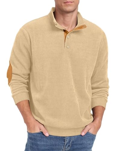 Hisir Sweatshirt Herren Cord Poloshirt Stehkragen Langarm V-Ausschnitt Funktionsshirt Sweatshirt ohne Kapuze mit Druckknöpfe Winterpullover Streetwear Herbst Winter (Khaki,S) von Hisir