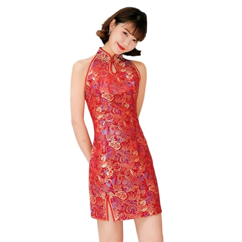 Decent Frauen Chinesische Cheongsam Ärmellos Cheongsam Traditionelle Druck Hohl Kleid Stehen Kragen Schlitz Qipao Kleid Cosplay Kostüm, rot, X-Large von Hislaves