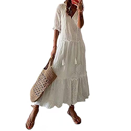 Hislaves Damenkleid mit Aushöhlung, V-Ausschnitt, Rüschensaum, Kleid für Party, weiß, XL von Hislaves