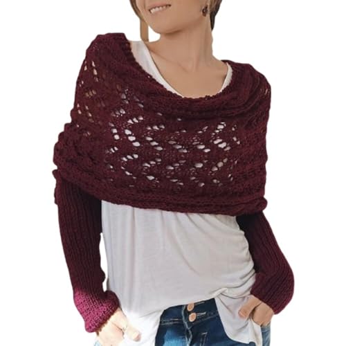 Hislaves Multifunktionaler Schal mit Ärmeln für Damen, Gestrickter Schal Sweater Wrap mit Ärmeln, Boho Pashmina Schal Umhang (Jujuberot) von Hislaves