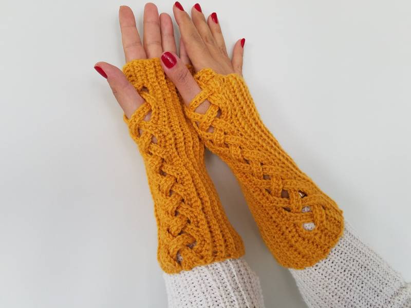 Fingerlose Handschuhe Aus Wolle Senf, Gehäkelte Fingerlose Handschuhe, Damen Accessoires, Erntedankgeschenk von HislidenKnitwear