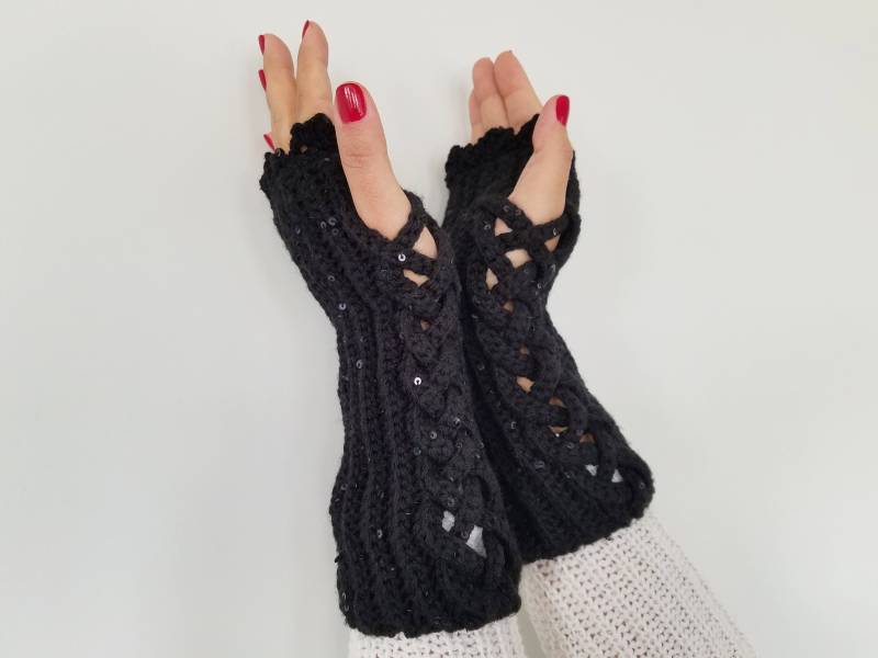Pailletten Häkeln Armstulpen Gestrickte Wolle Fäustlinge von HislidenKnitwear