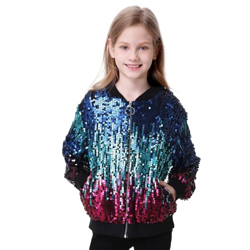 Hislovy 70er Jahre Pailletten Jacke Kinder Mädchen, 60er Disco Bomberjacke Kostüm Karneval Themenparty, Mehrfarbig, 122/128 von Hislovy