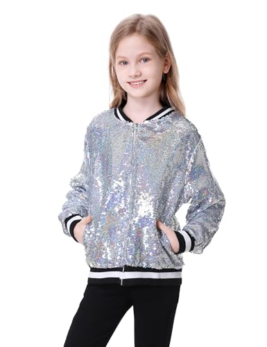 Hislovy 70er Jahre Pailletten Jacke Kinder Mädchen, 60er Disco Bomberjacke Kostüm Karneval Themenparty, Silber, 146 von Hislovy