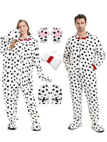 Hislovy Dalmatiner Kostüm Damen Herren, Tier Onesie Erwachsene Schlafanzug-Einteiler für Karneval Halloween Party,Weiß,2XL Hislovy Dalmatiner Kostüm Damen Herren, Tier Onesie Erwachsene Schlafanzug-Einteiler für Karneval Halloween Party,Weiß,2XL von Hislovy