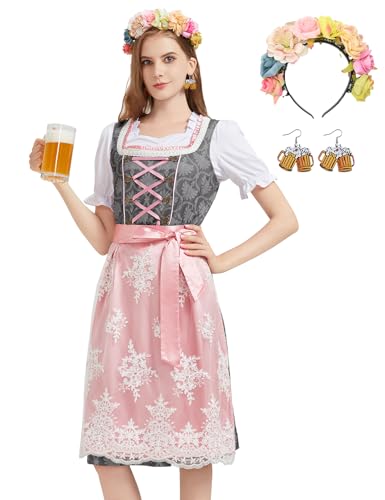 Hislovy Dirndl Damen, 5 Teiliges Oktoberfest Damen Outfit Dirndl-Komplettsets Trachtenkleid Midi für Karneval Cosplay (Grau, M) von Hislovy