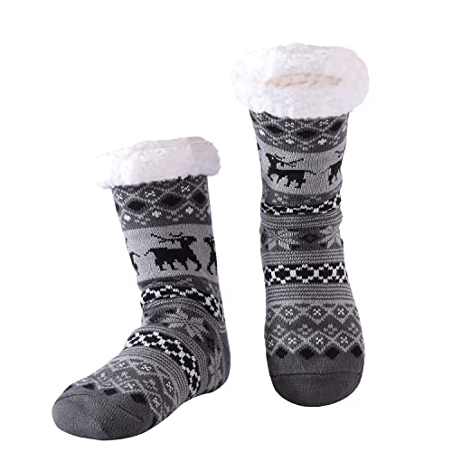 Hisonwel Hüttensocken Herren Winter, Dicke Pantoffel Socken, Rutschfeste Hausschuh Socken, Weiche Stoppersocken, Slipper Socken, Weihnachtssocken（Snowflake Deer Dark gray） von Hisonwel