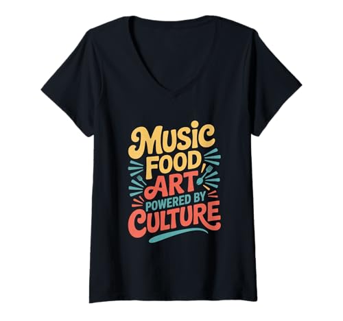 Damen Musik, Essen, Kunst, unterstützt vom Culture Hispanic Heritage Month T-Shirt mit V-Ausschnitt Damen Musik, Essen, Kunst, unterstützt vom Culture Hispanic Heritage Month T-Shirt mit V-Ausschnitt von Hispanic Heritage Latin Cultural Expression