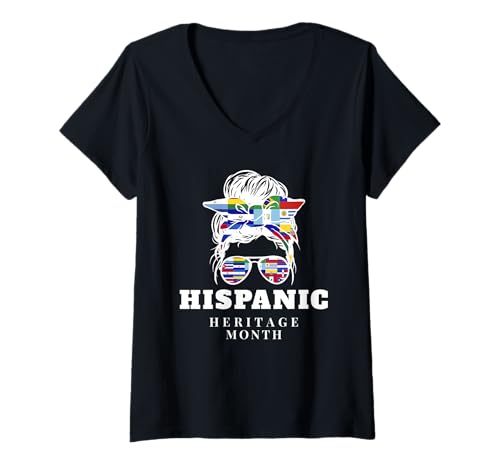 Damen Hispanic Heritage Month Messy Bun Flaggen T-Shirt mit V-Ausschnitt Damen Hispanic Heritage Month Messy Bun Flaggen T-Shirt mit V-Ausschnitt von Hispanic Heritage Month Apparel
