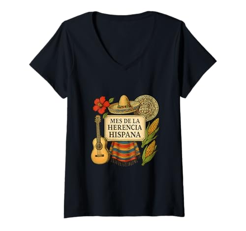 Damen Monat des hispanischen Erbes: MES de la Herencia Hispana T-Shirt mit V-Ausschnitt von Hispanic Heritage Month Store