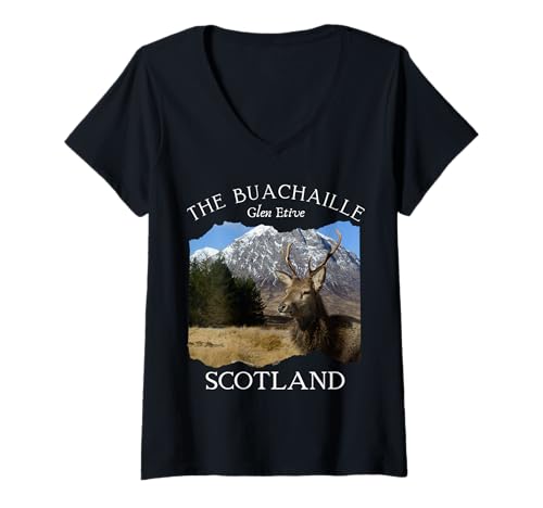 Damen Das Buachaille Etive Mor, Schottland, Souvenir, Jagd auf Wilde Hirsche T-Shirt mit V-Ausschnitt Damen Das Buachaille Etive Mor, Schottland, Souvenir, Jagd auf Wilde Hirsche T-Shirt mit V-Ausschnitt von Historic British Monuments Highlands Scottish Boys