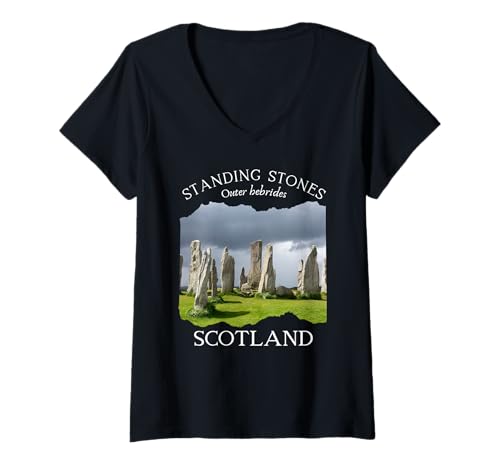 Damen Standing Stones Schottland Äußere Hebriden Souvenir Damen Kinder T-Shirt mit V-Ausschnitt Damen Standing Stones Schottland Äußere Hebriden Souvenir Damen Kinder T-Shirt mit V-Ausschnitt von Historic British Monuments Highlands Scottish Men