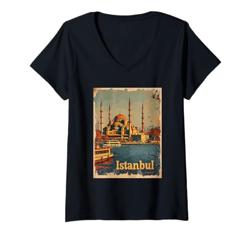 Damen Istanbul ikonische Moscheen türkische Stadtbild Kunst T-Shirt mit V-Ausschnitt von Historic Istanbul Scenic Travel Turkish City