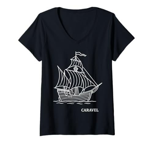 Damen Elegantes altes Karavellgefäß, nautische Vintage-Formen, Mania T-Shirt mit V-Ausschnitt Damen Elegantes altes Karavellgefäß, nautische Vintage-Formen, Mania T-Shirt mit V-Ausschnitt von Historical Sailing Vessels Nautical Shapes Mania
