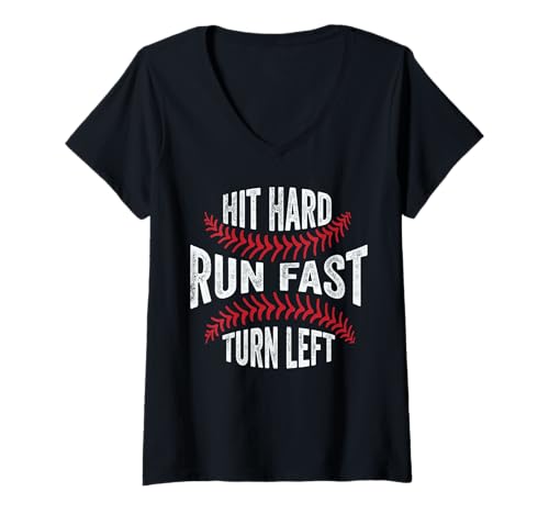 Damen Hit Hard Run Schnell Links abbiegen Lustiger Baseballspieler T-Shirt mit V-Ausschnitt Damen Hit Hard Run Schnell Links abbiegen Lustiger Baseballspieler T-Shirt mit V-Ausschnitt von Hit Hard Run Fast Turn Left