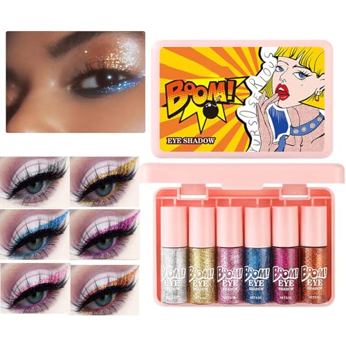 Hitburu Glitzer Flüssig Lidschatten,6 Stück Wasserdichter Glitzer Augen Makeup | Lang anhaltender abriebfester Lidschatten für Festival Party Fotoshooting von Hitburu