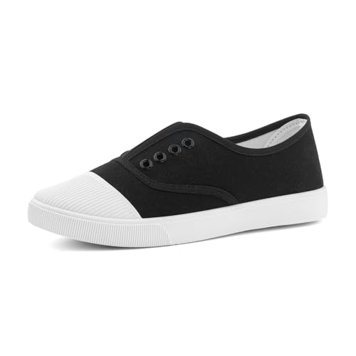 Hitmars Damen Convas Sneaker Freizeit Leicht Stoff Schuhe Low Top Keine Schnürsenkel Segeltuchschuhe Atmungsaktive Bequeme 01 Schwarz EU36 von Hitmars