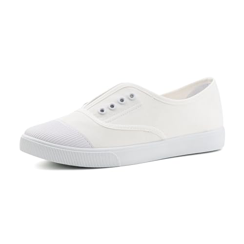 Hitmars Damen Convas Sneaker Freizeit Leicht Stoff Schuhe Low Top Keine Schnürsenkel Segeltuchschuhe Atmungsaktive Bequeme 01 Weiß EU35 von Hitmars