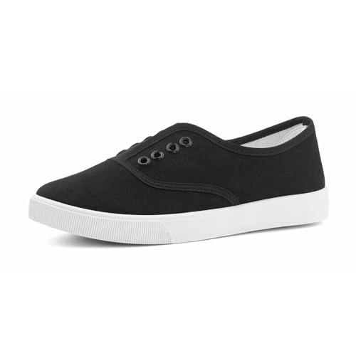 Hitmars Damen Convas Sneaker Freizeit Leicht Stoff Schuhe Low Top Keine Schnürsenkel Segeltuchschuhe Atmungsaktive Bequeme 02 Schwarz EU39 von Hitmars