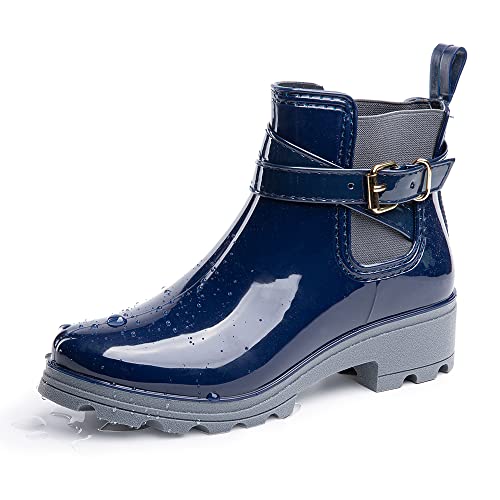 Hitmars Gummistiefel Damen Gartenschuhe Rain Boots Regenstiefel Chelsea Boots Segelstiefel Wasserdicht Regenschuhe Halbgummistiefel Blau EU35 von Hitmars