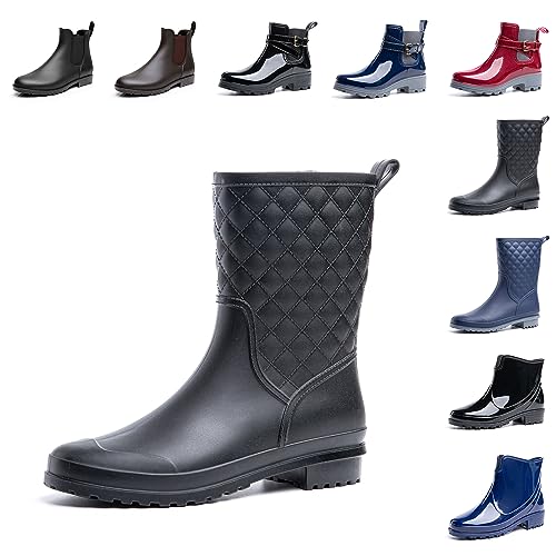 Hitmars Gummistiefel Damen Halbhoch Chelsea Gummistiefeletten Regenstiefel Kurzschaft Boots Outdoor Gartenschuhe Schwarz 40 EU von Hitmars
