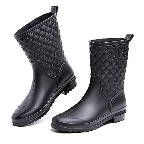 Hitmars Gummistiefel Damen Halbhoch Kurz Chelsea Gummistiefeletten Regenstiefel Kurzschaft Boots Outdoor Gartenschuhe Schwarz 39 EU von Hitmars
