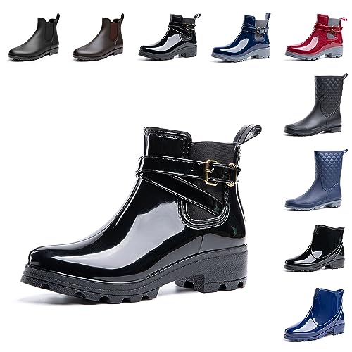 Hitmars Gummistiefel Damen Halbhoch Kurz Chelsea Gummistiefeletten Regenstiefel Kurzschaft Boots Outdoor Gartenschuhe Schwarz 41 EU von Hitmars