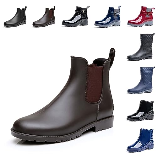 Hitmars Gummistiefel Damen Halbhoch Kurz Chelsea Gummistiefeletten Regenstiefel Kurzschaft Boots Outdoor Gartenschuhe Braun 40 EU von Hitmars