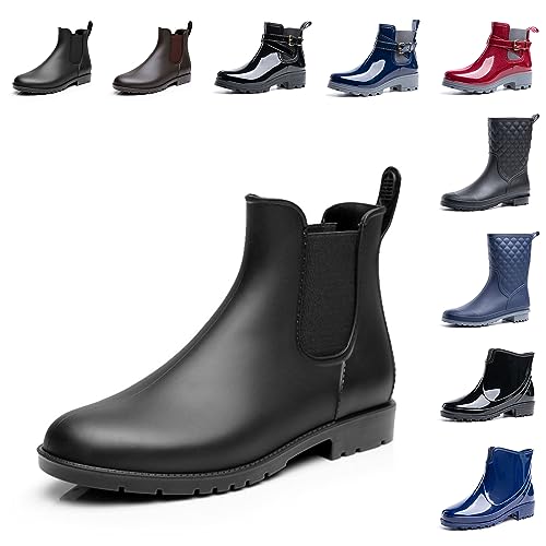 Hitmars Gummistiefel Damen Halbhoch Kurz Chelsea Gummistiefeletten Regenstiefel Kurzschaft Boots Outdoor Gartenschuhe Schwarz 41 EU von Hitmars