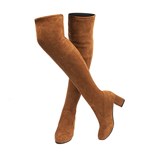 Hitmars Overknees Stiefel Damen Wildleder Warme Lange Stiefel mit Blockabsatz Braun EU 42 von Hitmars