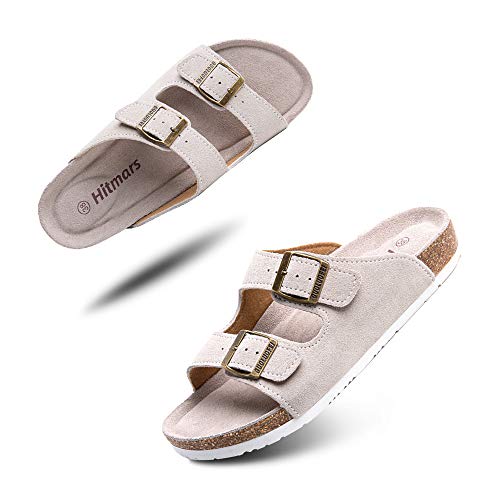 Hitmars Pantoletten Damen Herren Sandalen Zehentrenner Fußbett Bequeme Flach Korkfußbett Offene Schnalle Sommer Hausschuhe Frauen Beige 39 EU von Hitmars