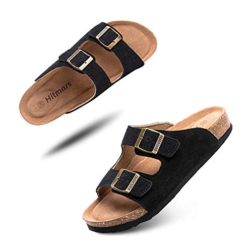 Hitmars Pantoletten Damen Herren Sandalen Zehentrenner Fußbett Bequeme Flach Korkfußbett Offene Schnalle Sommer Hausschuhe Frauen Schwarz 45 EU von Hitmars