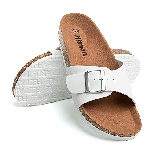 Hitmars Pantoletten Damen Sandalen Sommer Zehentrenner Hausschuhe mit Fussbett Schnallen Frauen Schlappen Outdoor Sommerschuhe Flach 1 Weiß Größe 36 EU von Hitmars