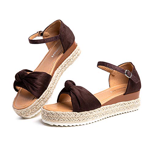 Hitmars Plateau Sandalen Damen Espadrilles Casual Bow-Knot Keilsandalen Frauen Sommer Faux Leder Absatz 5cm Braun E-2 Größe 39 EU von Hitmars