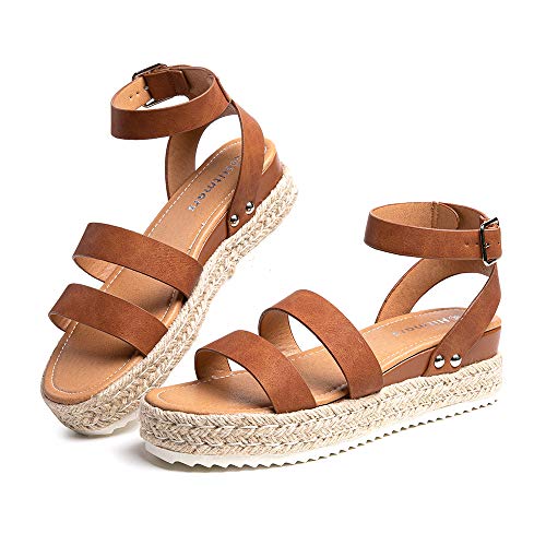 Hitmars Plateau Sandalen Damen Espadrilles Casual Keilsandalen Frauen Sommer Faux Leder mit Knöchelriemen 5 CM Braun B Größe 42EU von Hitmars