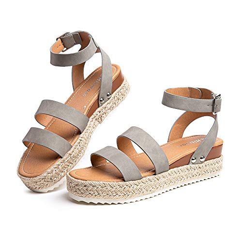 Hitmars Plateau Sandalen Damen Espadrilles Casual Keilsandalen Frauen Sommer Faux Leder mit Knöchelriemen 5 CM Grau B Größe 40 EU von Hitmars