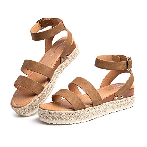 Hitmars Plateau Sandalen Damen Espadrilles Casual Keilsandalen Frauen Sommer Faux Leder mit Knöchelriemen 5 CM Khaki B Größe 42 EU von Hitmars