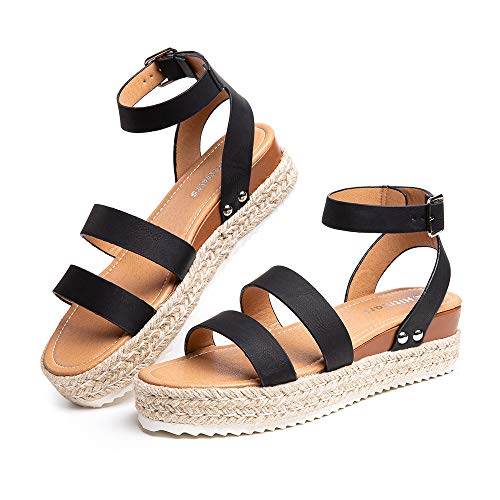 Hitmars Plateau Sandalen Damen Espadrilles Casual Keilsandalen Frauen Sommer Offener Zeh Faux Leder mit Knöchelriemen 5 cm Schwarz B-2 Größe 41 EU von Hitmars