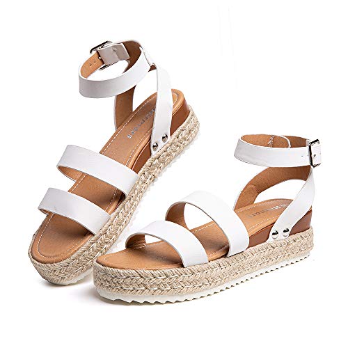 Hitmars Plateau Sandalen Damen Espadrilles Casual Keilsandalen Frauen Sommer Offener Zeh Faux Leder mit Knöchelriemen 5 cm Weiß B-2 Größe 41 EU von Hitmars