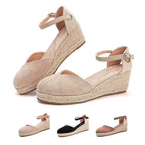 Hitmars Plateau Sandalen Damen Espadrilles mit Keilabsatz Keilsandalen Absatz Espandrillos Sommer Frauen Schuhe Geschlossene 1 Beige 37 EU von Hitmars
