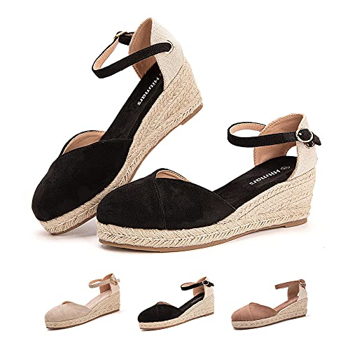Hitmars Plateau Sandalen Damen Espadrilles mit Keilabsatz Keilsandalen Absatz Espandrillos Sommer Frauen Schuhe Geschlossene 1 Schwarz Größe 43 EU von Hitmars