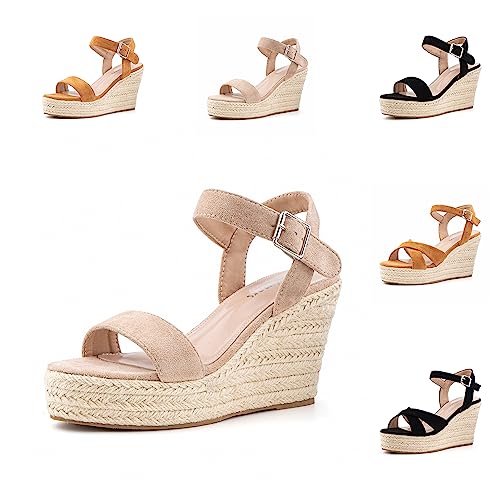 Hitmars Plateau Sandalen Damen Keilsandalen Espadrilles Keilabsatz Sandaletten Mode Peep Toe Strandsandalen Wedges Damen Sommerschuhe Beige EU 41 von Hitmars