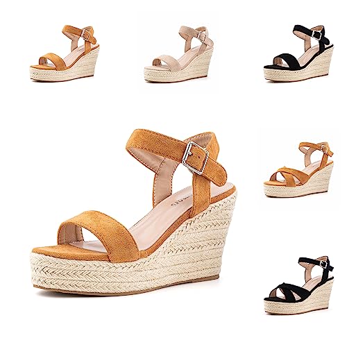 Hitmars Plateau Sandalen Damen Keilsandalen Espadrilles Keilabsatz Sandaletten Mode Peep Toe Strandsandalen Wedges Damen Sommerschuhe Khaki EU 36 von Hitmars